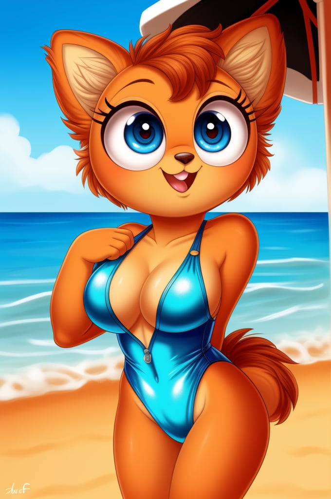 solo (anthro female kiff),
(watermelon swimsuit, breasts, tail, young, body fur, fur tufts, fur fluff, happy, round eyes, big eyes, glistening eyes, big eyelashes, very cute, looking at viewer, standing, outside, beach, hot sunny day)
2d, masterpiece, face closeup,