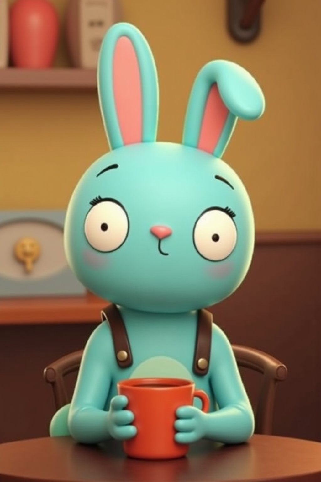 barry buns having a coffee at a cafe, turquoise rabbit, turquoise bunny, 3d