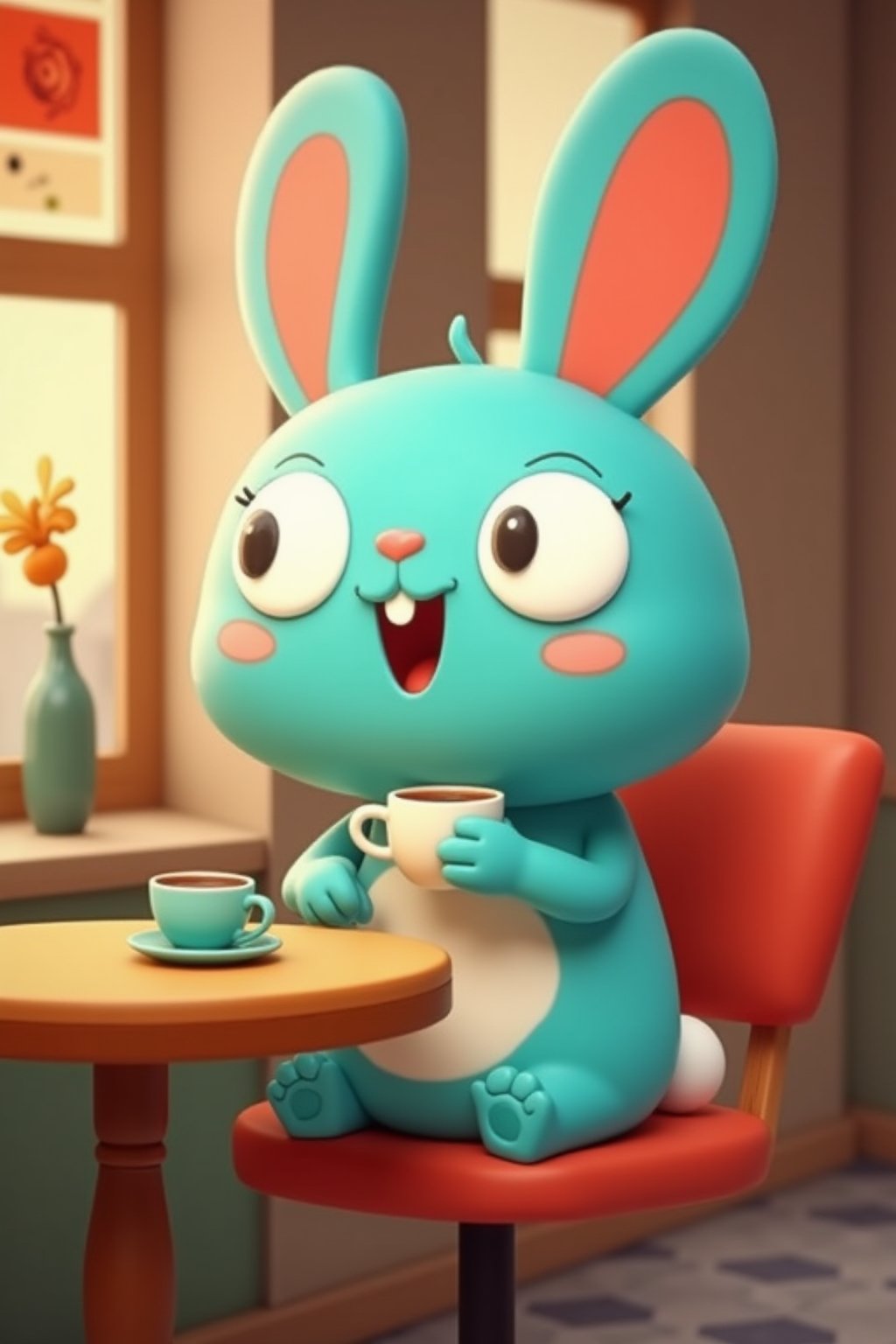 barry buns having a coffee at a cafe, turquoise rabbit, turquoise bunny, 3d