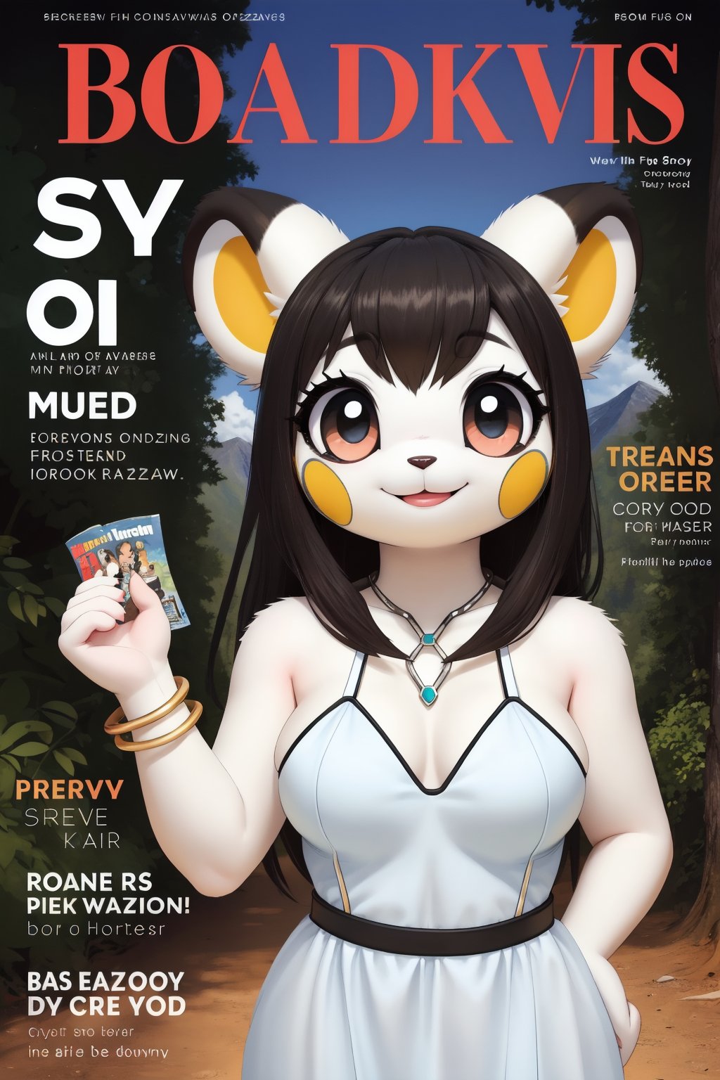 solo (anthro female emolga),
(halterneck evening gown, jewelry, breasts, black long fluffy hair, white body, tall, tail, body fur, fur tufts, fur fluff, round eyes, big eyes, glistening eyes, big eyelashes, very cute, very sexy, looking at viewer, smile, standing, forest walk setting, blue sky view, mountain setting)
3d, masterpiece, face closeup, upper body, emolga, magazine scan,(magazine cover:1.2), cover text, text,