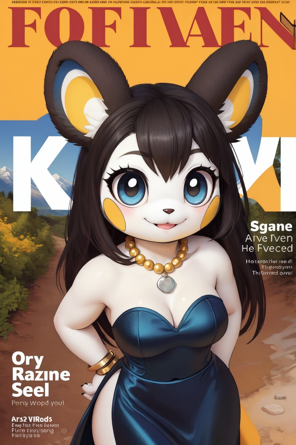 solo (anthro female emolga),
(halterneck evening gown, jewelry, breasts, black long fluffy hair, white body, tall, tail, body fur, fur tufts, fur fluff, round eyes, big eyes, glistening eyes, big eyelashes, very cute, very sexy, looking at viewer, smile, standing, forest walk setting, blue sky view, mountain setting)
3d, masterpiece, face closeup, upper body, emolga, magazine scan,(magazine cover:1.2), cover text, text,