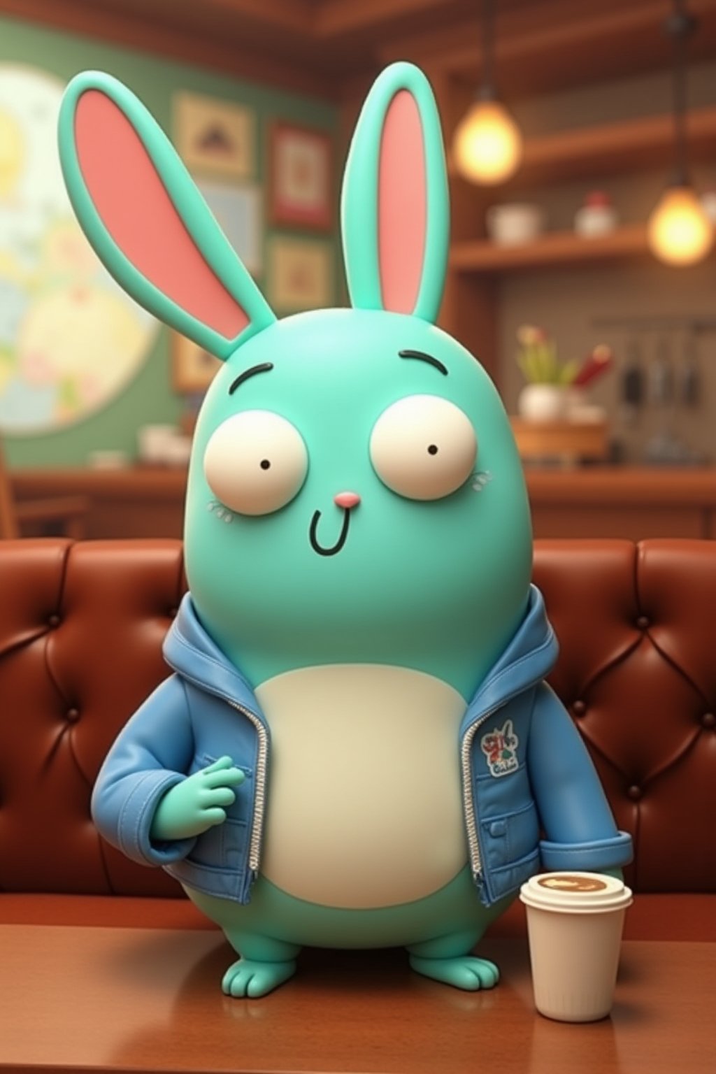 barry buns having a coffee at a cafe, turquoise rabbit, turquoise bunny, 3d