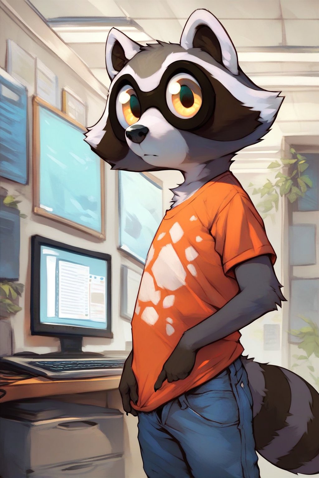 score_9, score_8_up, score_7_up, score_6_up, score_5_up, score_4_up, 1boy, furry male, sfw, black t-shirt, denim jeans, fur on the chest, big eyes, reggie, raccoon, standing, computer room setting