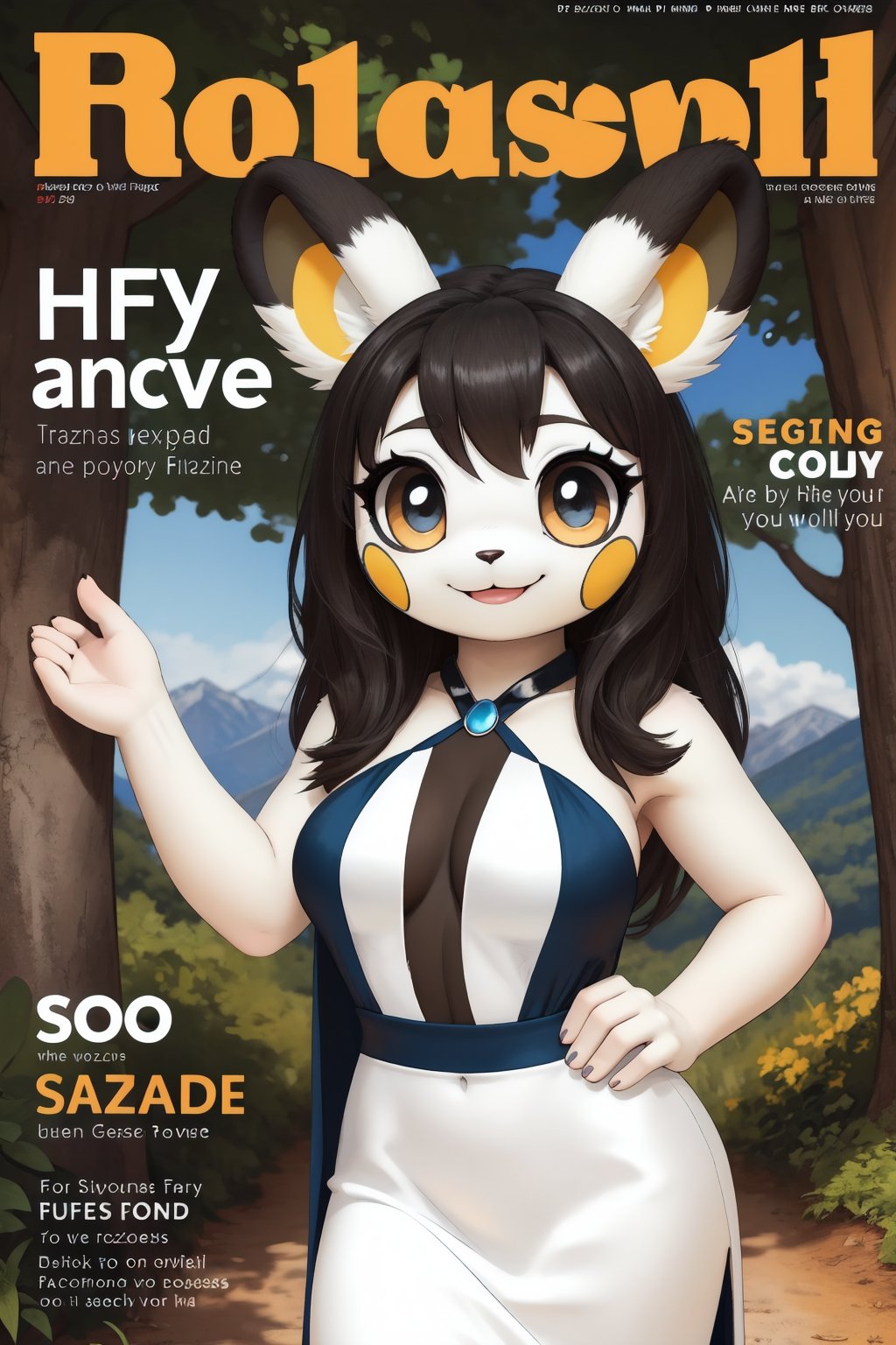 solo (anthro female emolga),
(halterneck evening gown, jewelry, breasts, black long fluffy hair, white body, tall, tail, body fur, fur tufts, fur fluff, round eyes, big eyes, glistening eyes, big eyelashes, very cute, very sexy, looking at viewer, smile, standing, forest walk setting, blue sky view, mountain setting)
3d, masterpiece, face closeup, upper body, emolga, magazine scan,(magazine cover:1.2), cover text, text,