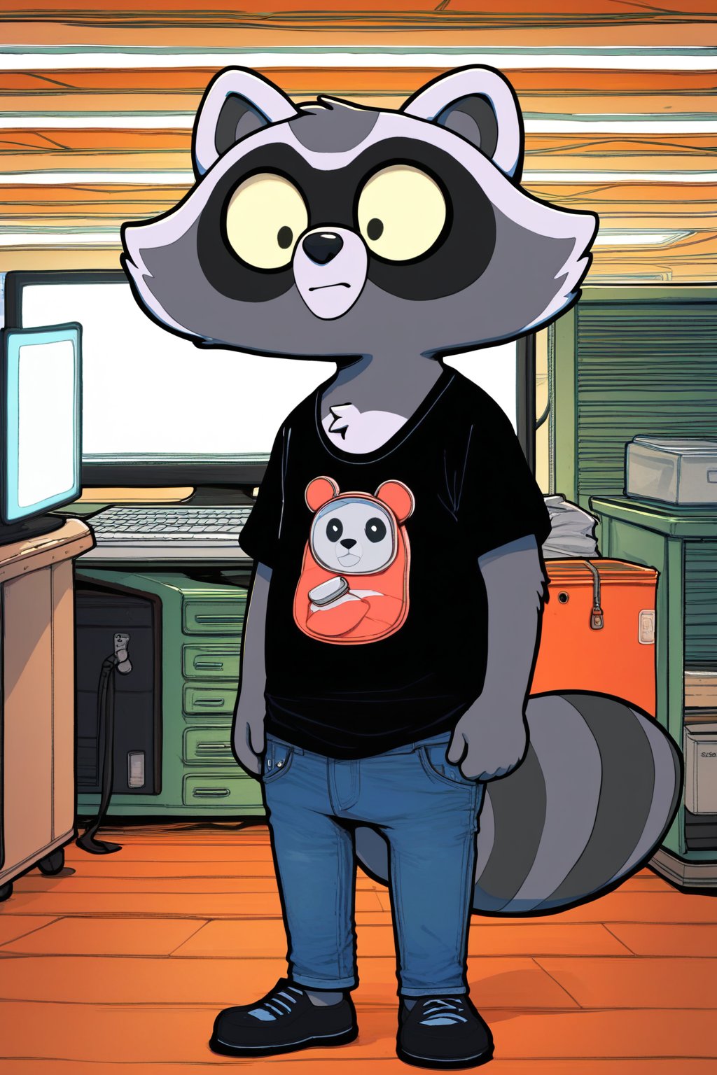 score_9, score_8_up, score_7_up, score_6_up, score_5_up, score_4_up, 1boy, furry male, sfw, black t-shirt, denim jeans, fur on the chest, big eyes, reggie, raccoon, standing, computer room setting, ryuma210 style, 2d