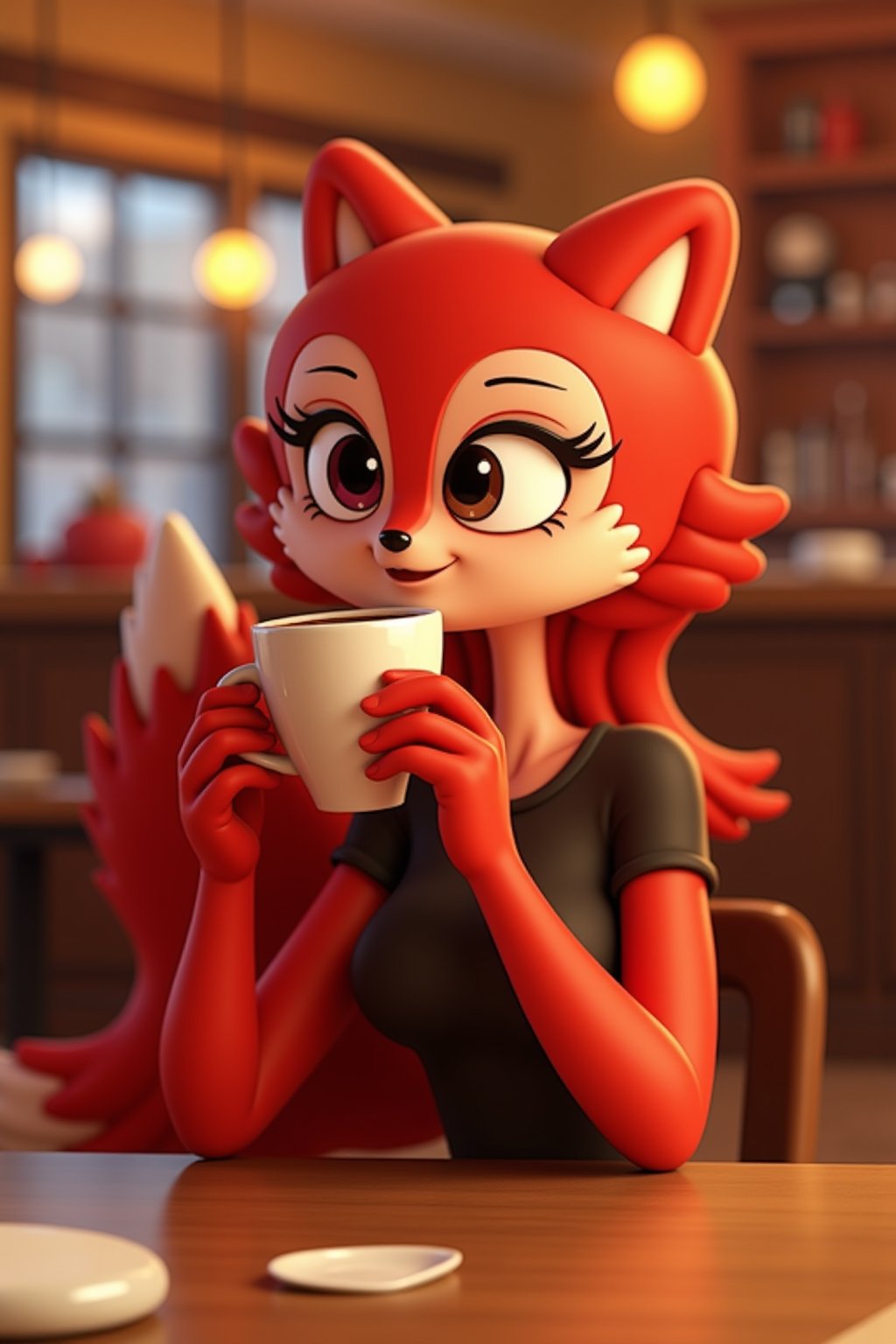 alice having a coffee at a cafe, red vixen, red fox, eyelashes, 3d