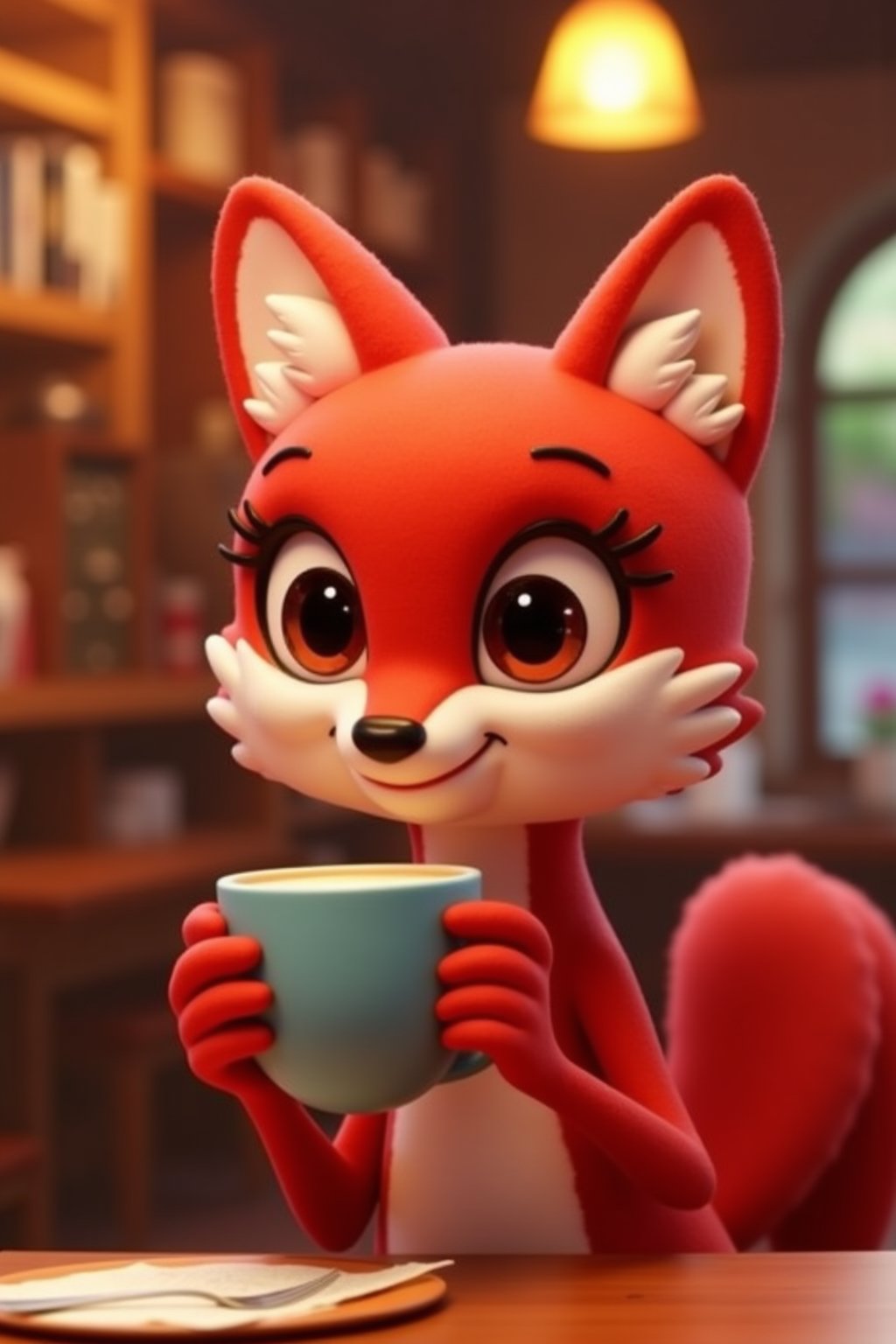 alice having a coffee at a cafe, red vixen, red fox, eyelashes, 3d