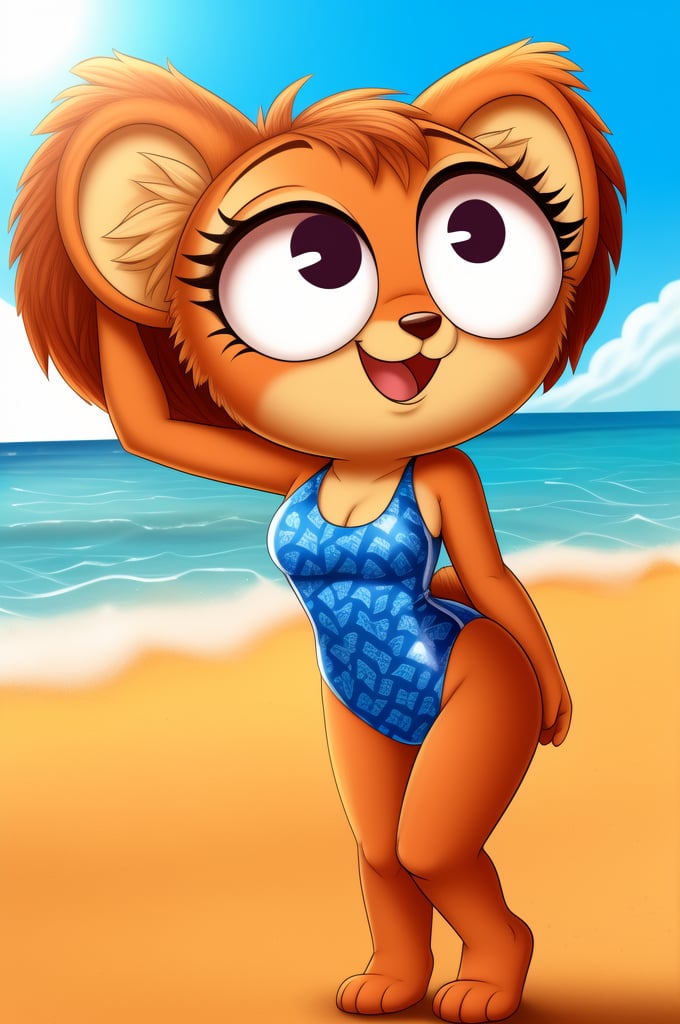 solo (anthro female kiff),
(watermelon pattern swimsuit, breasts, tail, young, body fur, fur tufts, fur fluff, happy, round eyes, big eyes, glistening eyes, big eyelashes, very cute, looking at viewer, standing, outside, beach, hot sunny day)
2d, masterpiece, face closeup,