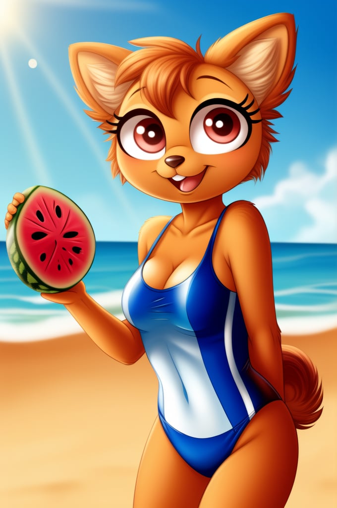 solo (anthro female kiff),
(watermelon swimsuit, breasts, tail, young, body fur, fur tufts, fur fluff, happy, round eyes, big eyes, glistening eyes, big eyelashes, very cute, looking at viewer, standing, outside, beach, hot sunny day)
2d, masterpiece, face closeup,