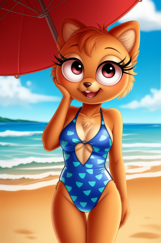 solo (anthro female kiff),
(watermelon pattern swimsuit, breasts, tail, young, body fur, fur tufts, fur fluff, happy, round eyes, big eyes, glistening eyes, big eyelashes, very cute, looking at viewer, standing, outside, beach, hot sunny day)
2d, masterpiece, face closeup,