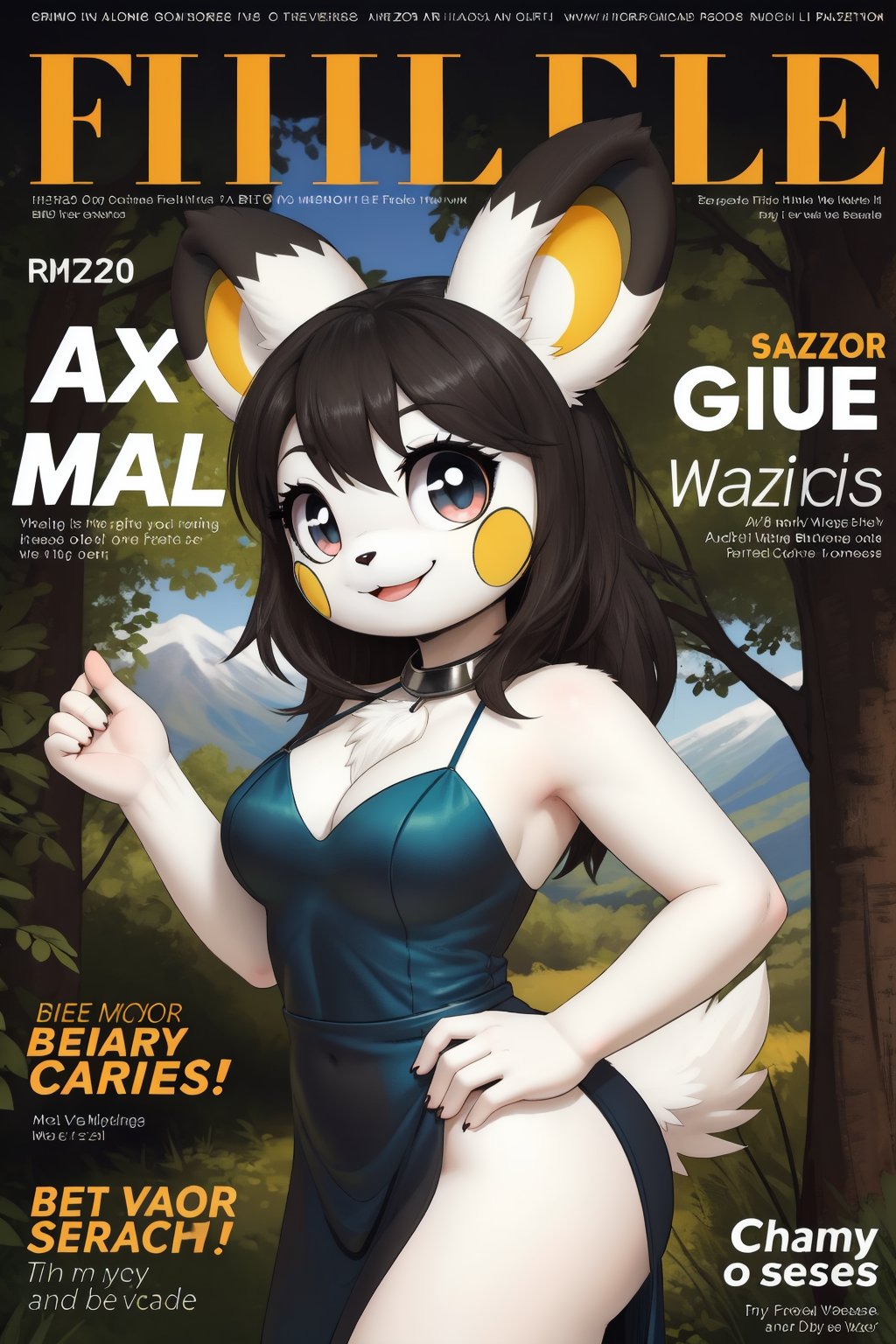 solo (anthro female emolga),
(halterneck evening gown, jewelry, breasts, black long fluffy hair, white body, tall, tail, body fur, fur tufts, fur fluff, round eyes, big eyes, glistening eyes, big eyelashes, very cute, very sexy, looking at viewer, smile, standing, forest walk setting, blue sky view, mountain setting)
3d, masterpiece, face closeup, upper body, emolga, magazine scan,(magazine cover:1.2), cover text, text,