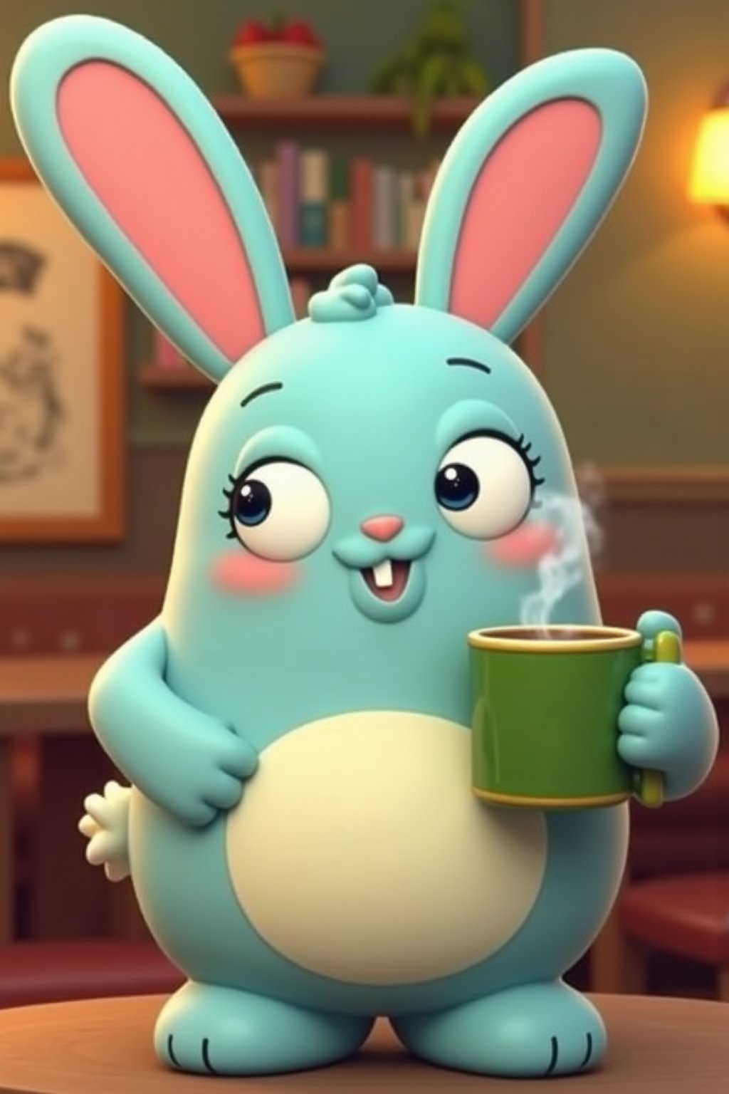 barry buns having a coffee at a cafe, turquoise rabbit, turquoise bunny, 3d