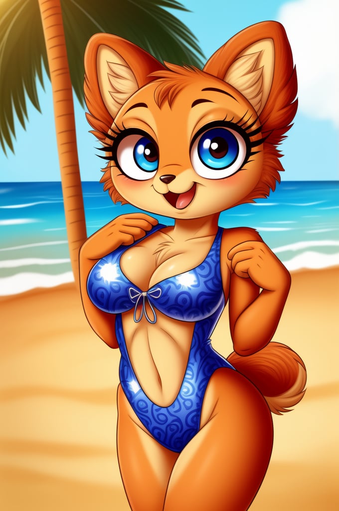 solo (anthro female kiff),
(watermelon pattern swimsuit, breasts, tail, young, body fur, fur tufts, fur fluff, happy, round eyes, big eyes, glistening eyes, big eyelashes, very cute, looking at viewer, standing, outside, beach, hot sunny day)
2d, masterpiece, face closeup,