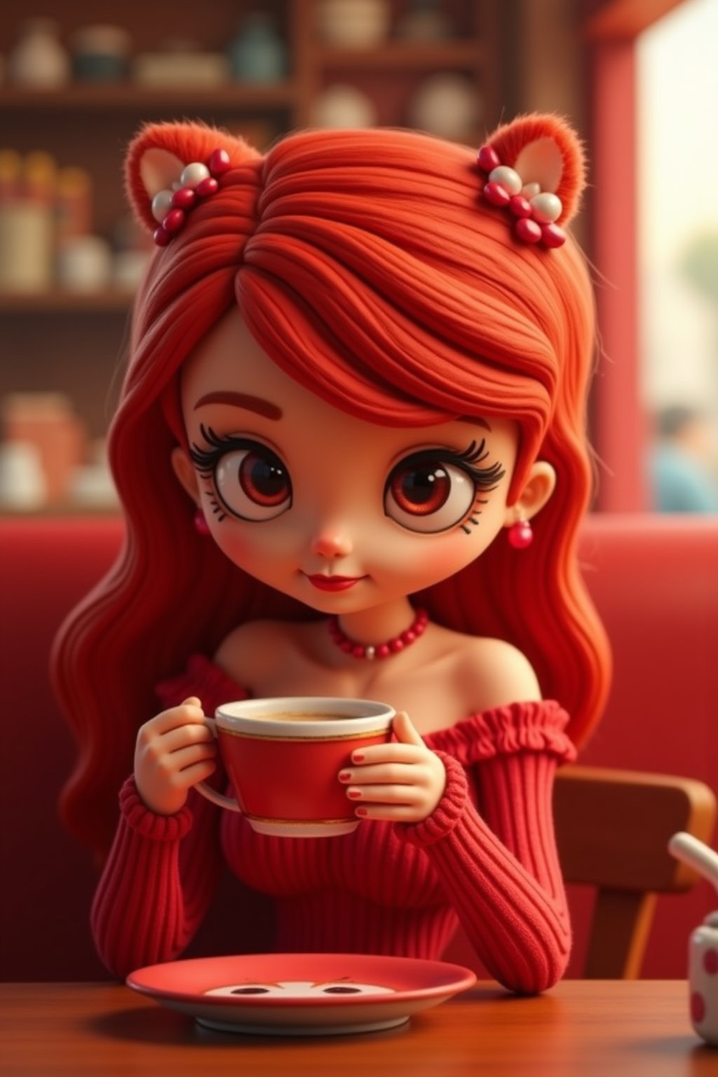 alice having a coffee at a cafe, red vixen, eyelashes, 3d