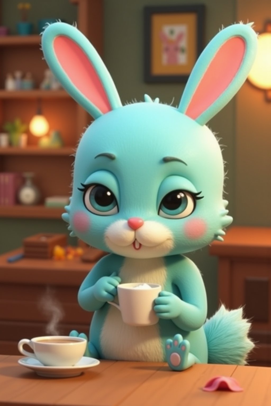 barry buns having a coffee at a cafe, turquoise rabbit, turquoise bunny, 3d