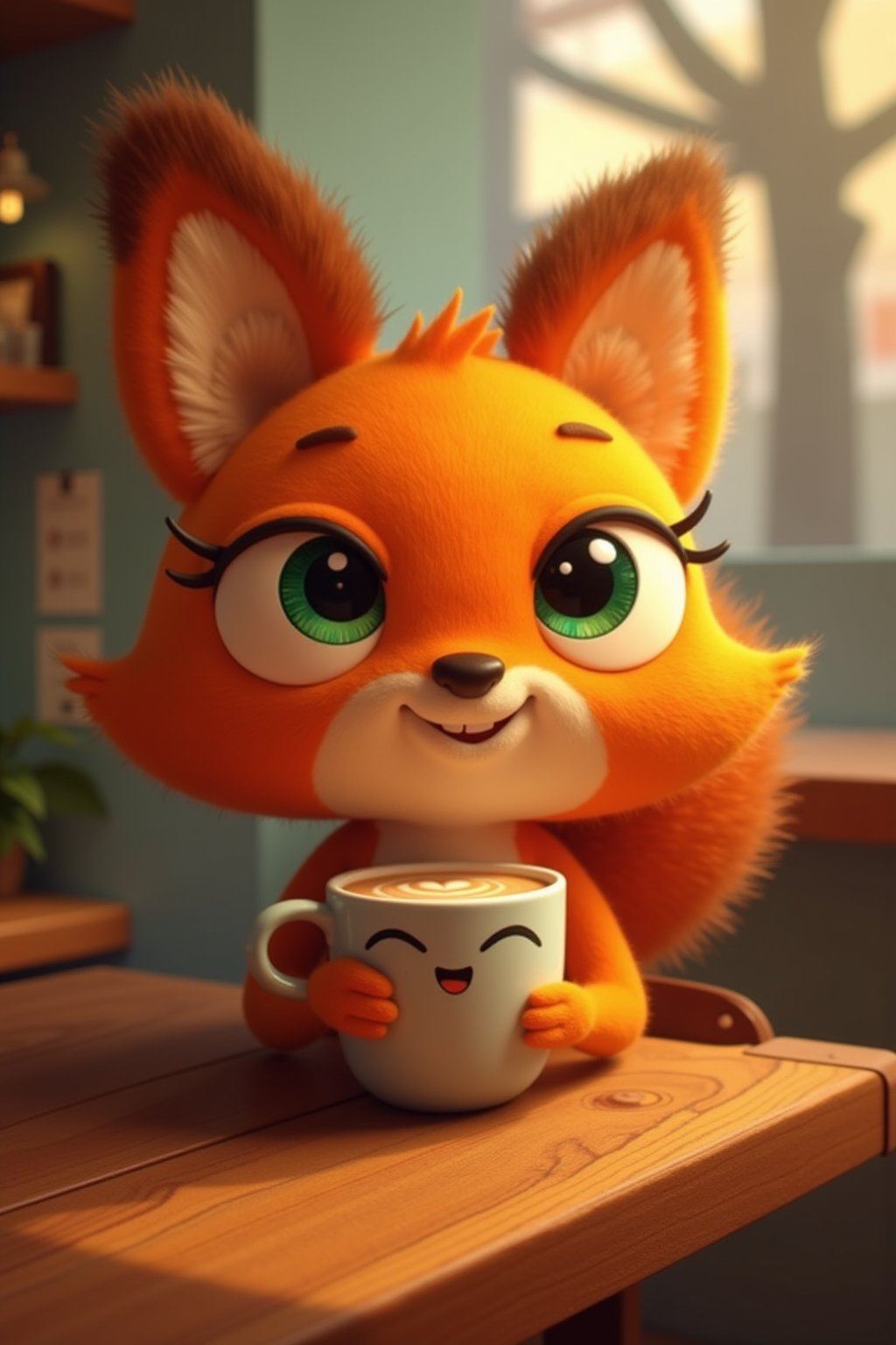 kiff chatterley having a coffe at a cafe, orange squirrel, eyelashes, 3d