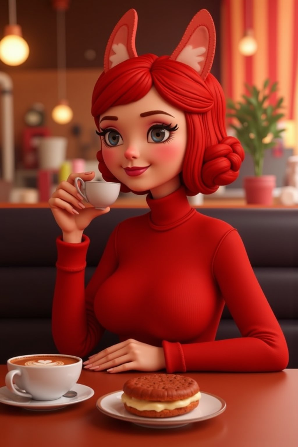 alice having a coffee at a cafe, red vixen, eyelashes, 3d