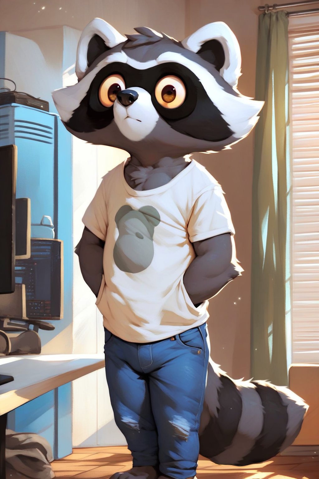 score_9, score_8_up, score_7_up, score_6_up, score_5_up, score_4_up, 1boy, furry male, sfw, black t-shirt, denim jeans, fur on the chest, big eyes, reggie, raccoon, standing, computer room setting