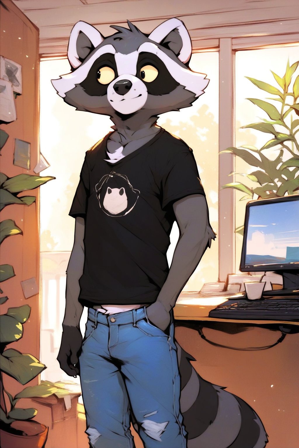 score_9, score_8_up, score_7_up, score_6_up, score_5_up, score_4_up, 1boy, furry male, sfw, black t-shirt, denim jeans, fur on the chest, reggie, raccoon, standing, computer room setting