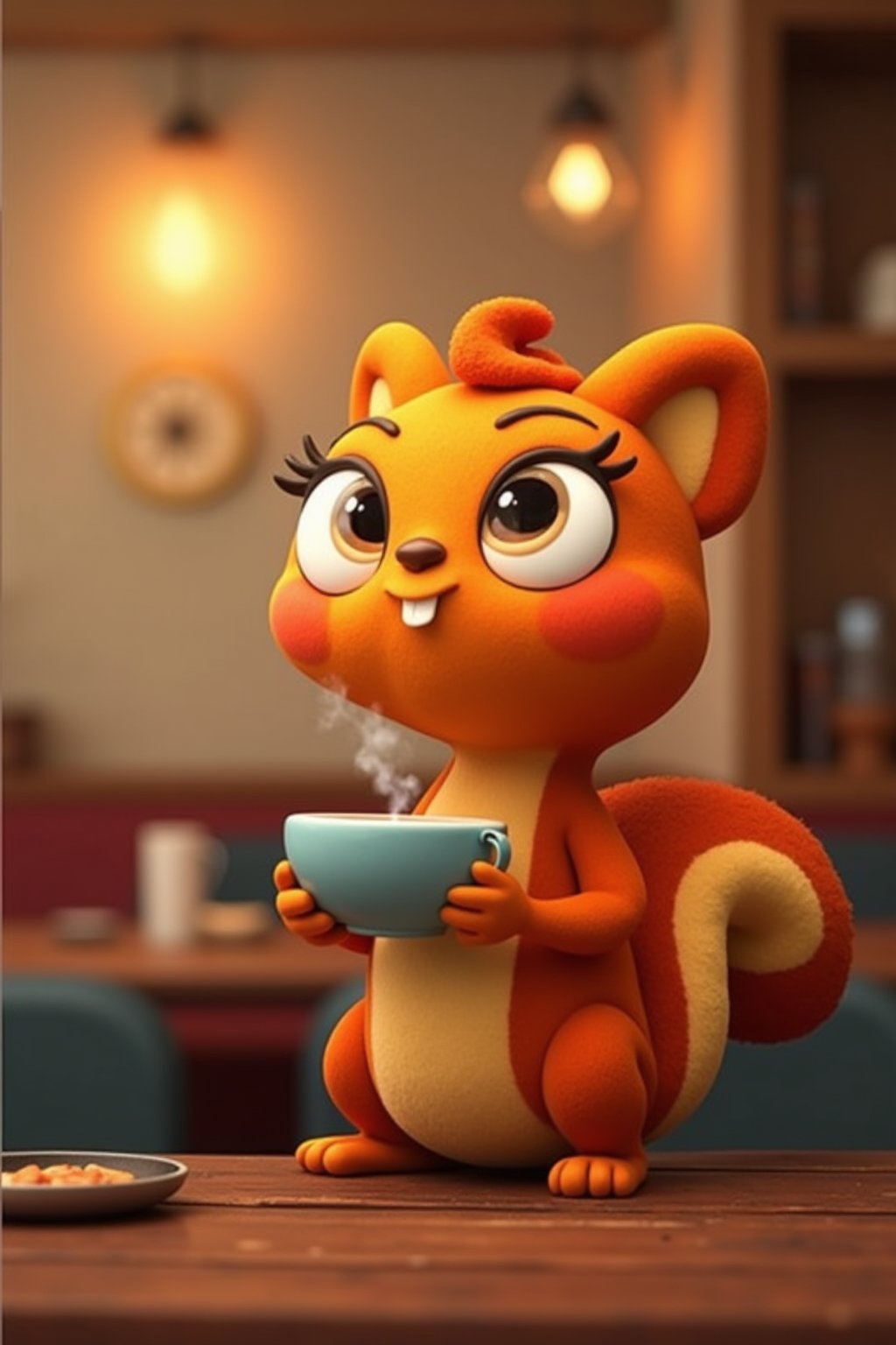 kiff chatterley having a coffe at a cafe, orange squirrel, eyelashes, 3d