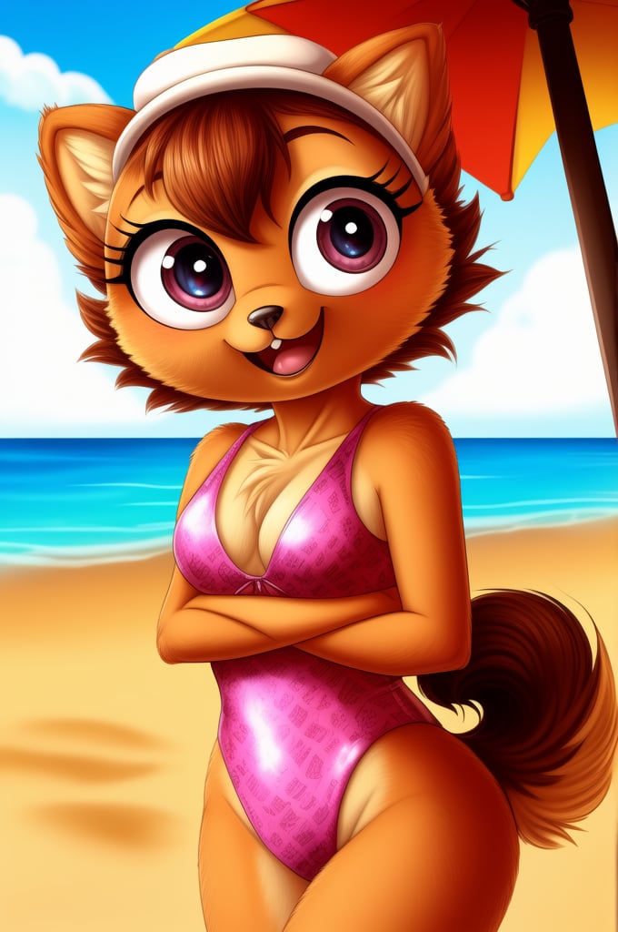 solo (anthro female kiff),
(watermelon pattern swimsuit, breasts, tail, young, body fur, fur tufts, fur fluff, happy, round eyes, big eyes, glistening eyes, big eyelashes, very cute, looking at viewer, standing, outside, beach, hot sunny day)
2d, masterpiece, face closeup,