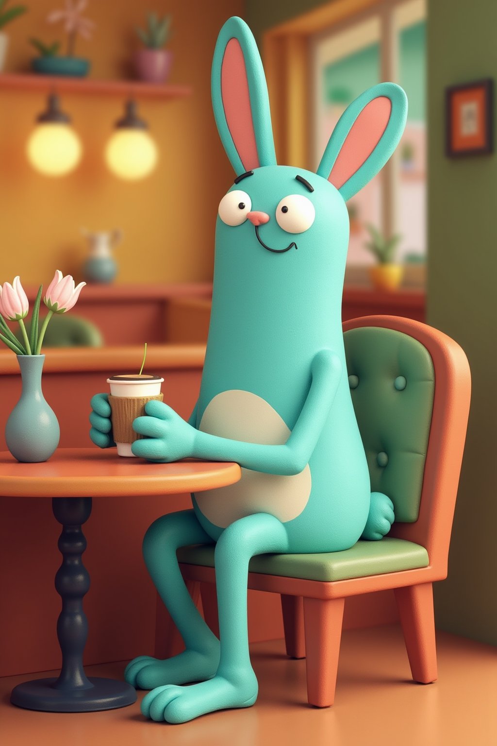 barry buns having a coffee at a cafe, turquoise rabbit, turquoise bunny, 3d