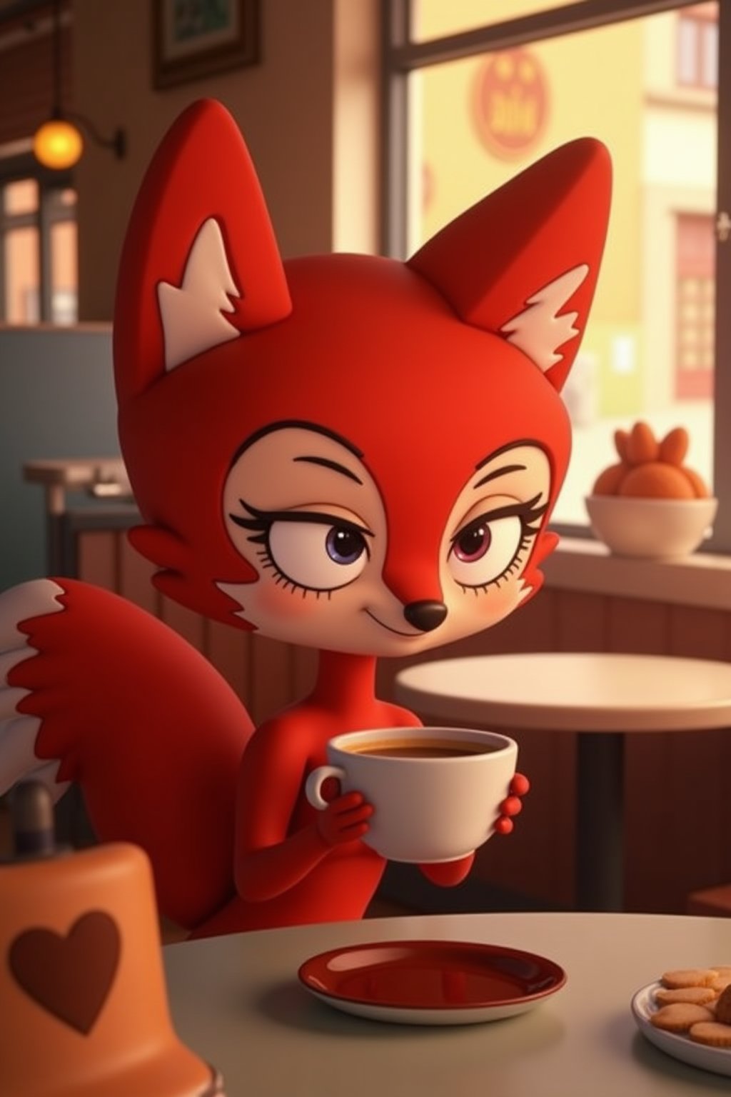 alice having a coffee at a cafe, red vixen, red fox, eyelashes, 3d