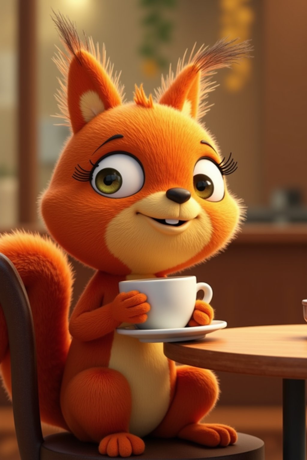 kiff chatterley having a coffe at a cafe, orange squirrel, eyelashes, 3d