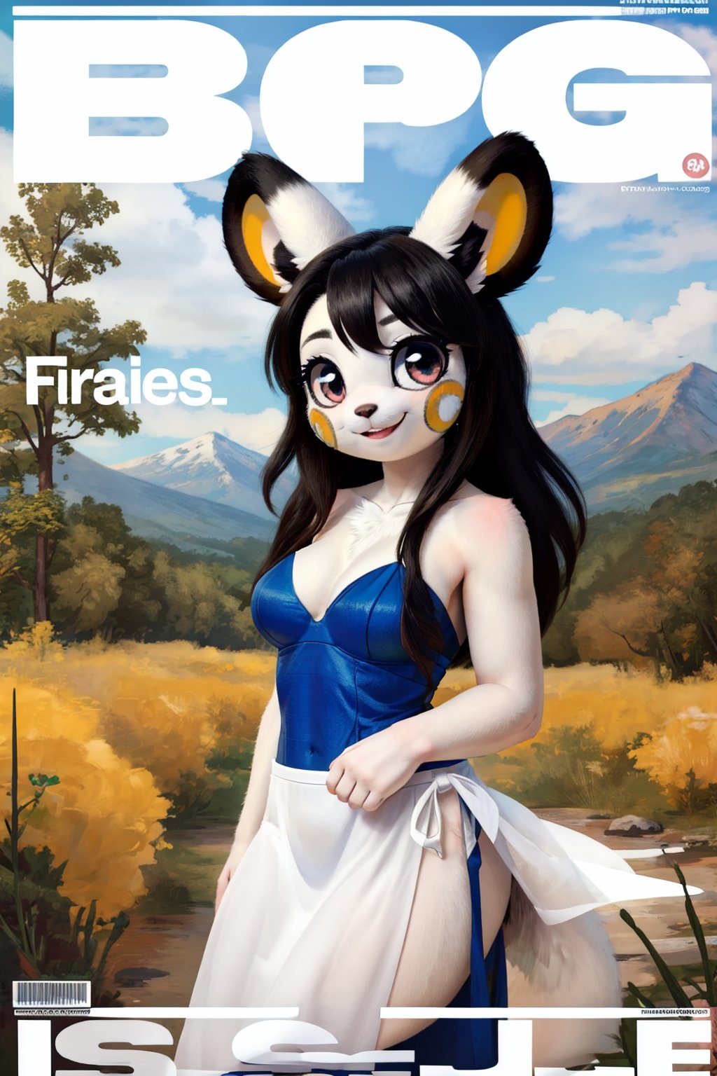 solo (anthro female emolga),
(halterneck evening gown, jewelry, breasts, black long fluffy hair, white body, tall, tail, body fur, fur tufts, fur fluff, round eyes, big eyes, glistening eyes, big eyelashes, very cute, very sexy, looking at viewer, smile, standing, forest walk setting, blue sky view, mountain setting)
3d, masterpiece, face closeup, upper body, emolga, magazine scan,(magazine cover:1.2), cover text, text, big issue cover