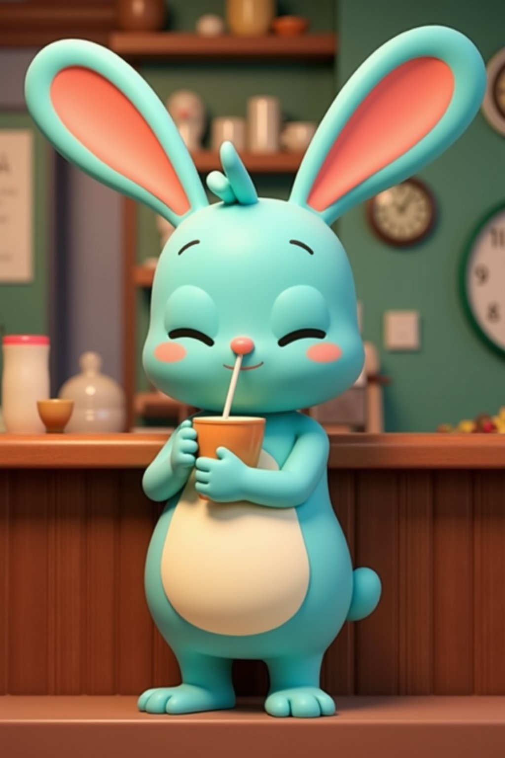 barry buns having a coffee at a cafe, turquoise rabbit, turquoise bunny, 3d