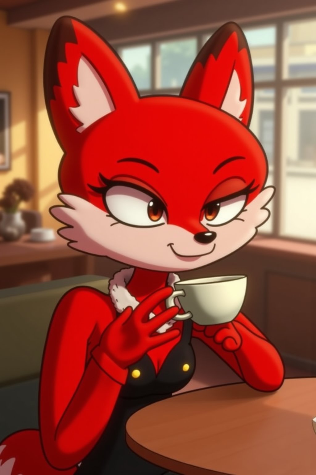 alice having a coffee at a cafe, red vixen, red fox, eyelashes, 3d