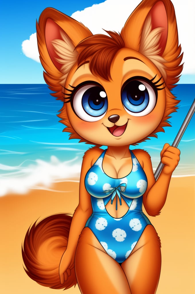 solo (anthro female kiff),
(watermelon pattern swimsuit, breasts, tail, young, body fur, fur tufts, fur fluff, happy, round eyes, big eyes, glistening eyes, big eyelashes, very cute, looking at viewer, standing, outside, beach, hot sunny day)
2d, masterpiece, face closeup,