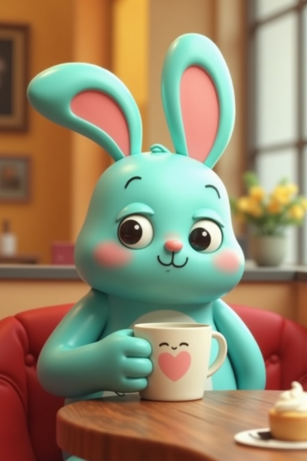 barry buns having a coffee at a cafe, turquoise rabbit, turquoise bunny, 3d