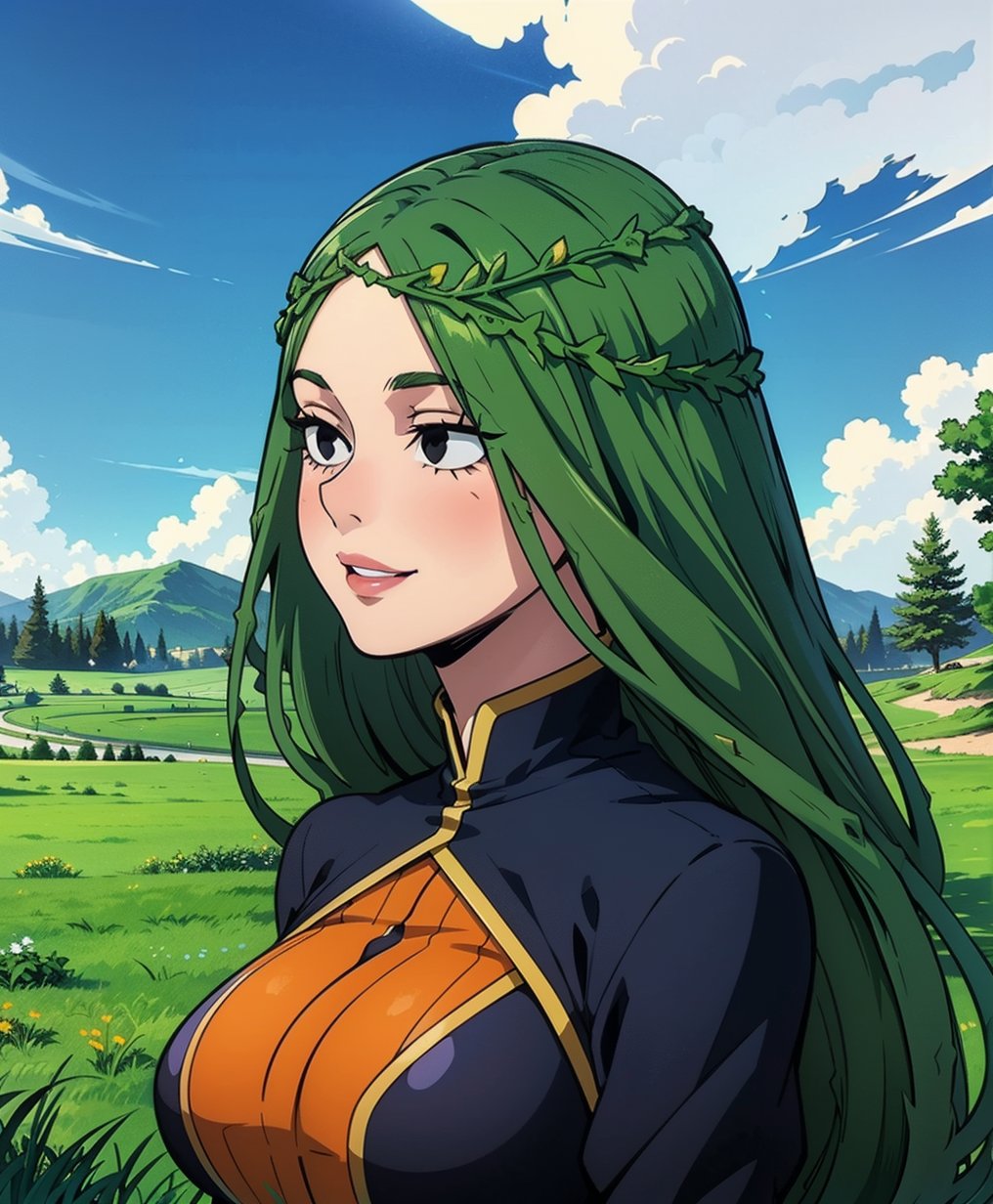 Ibara Shiozaki stands tall in a picturesque meadow, surrounded by a brilliant blue sky and lush green grass. Her long, raven-green hair cascades down her back like a waterfall, framing her beautiful face with striking black eyes that seem to hold the essence of a masterpiece. She wears a stunning orange dress, accentuating her curvaceous figure and drawing attention to her impressive bust. The soft lighting captures every detail, from the gentle curls in her hair to the subtle smile playing on her lips as she gazes out at the serene landscape, exuding an aura of quiet confidence and poise.