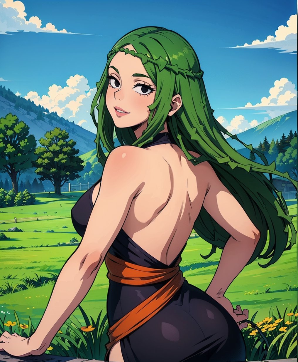 Ibara Shiozaki stands tall in a picturesque meadow, surrounded by a brilliant blue sky and lush green grass. Her long, raven-green hair cascades down her back like a waterfall, framing her beautiful face with striking black eyes that seem to hold the essence of a masterpiece. She wears a stunning Orange dress adorned with vibrant pink stripes, accentuating her curvaceous figure and drawing attention to her impressive bust. The soft lighting captures every detail, from the gentle curls in her hair to the subtle smile playing on her lips as she gazes out at the serene landscape, exuding an aura of quiet confidence and poise.