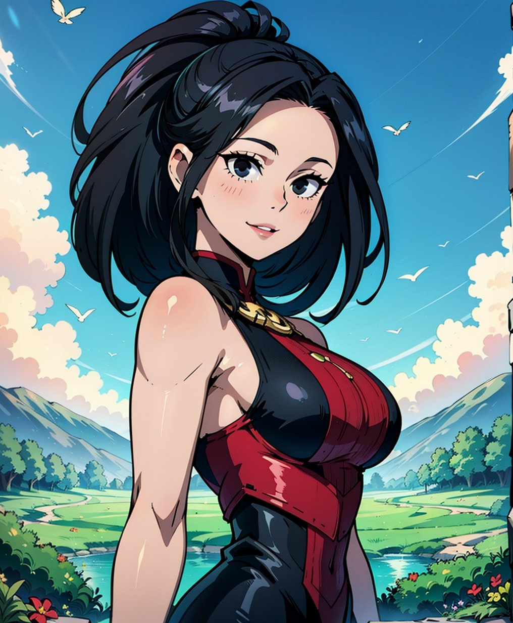 Momo Yaoyorozu stands tall in a picturesque meadow, surrounded by a brilliant blue sky and lush green grass. Her long, raven-black hair cascades down her back like a waterfall, framing her beautiful face with striking black eyes that seem to hold the essence of a masterpiece. She wears a stunning black dress adorned with vibrant pink stripes, accentuating her curvaceous figure and drawing attention to her impressive bust. The soft lighting captures every detail, from the gentle curls in her hair to the subtle smile playing on her lips as she gazes out at the serene landscape, exuding an aura of quiet confidence and poise.