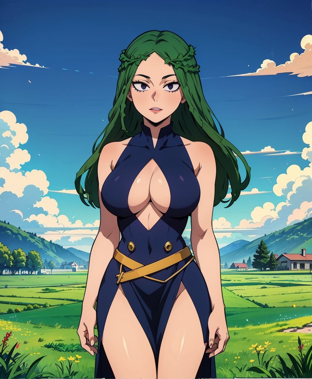 Highly detailed, High Quality, Masterpiece, beautiful (medium long shoot), 1girl, ibara shiozaki, My hero academia, longhair, green hair, purple dress, black_eyes, beautiful_eyes, big_boobs, blue sky, green grass, field, standing,