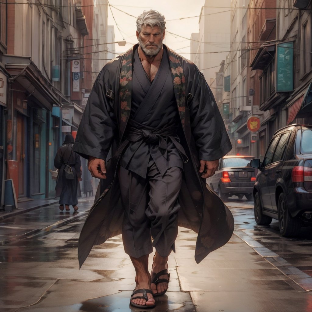  a strong man, black kimono, long coat, sandals, white hair, beard, tough, (full body shot), walking on the street, HD resolution, highly detailed, realistic, dynamic action.