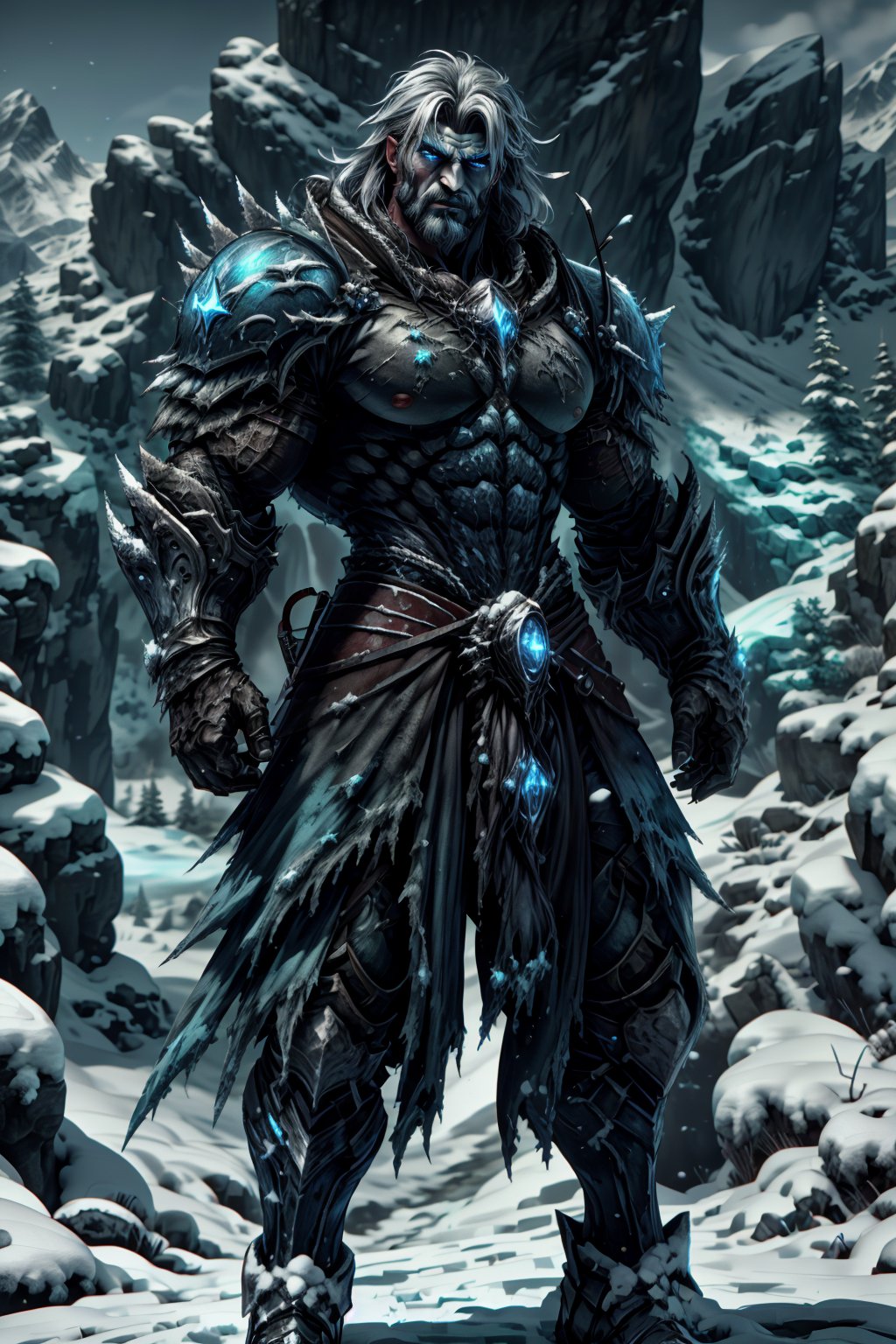 a muscular man, frost undead warrior, blue twinkling eyes, dark skin, beard, tough, (full body shot), eerie icy mist, standing on the alpine snow, 4k definition, HD resolution, highly detailed, realistic, dynamic action.