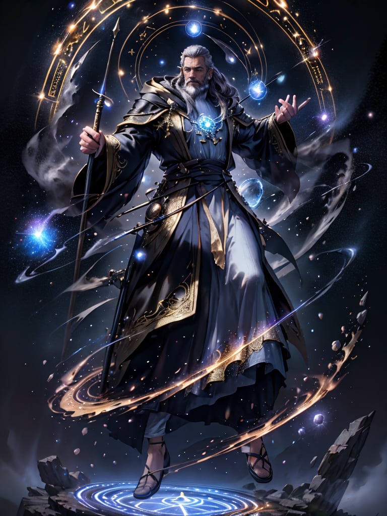 a muscular man, wizard, gown, large cloak, hold magic staff, long hair, beard, elder, wise, (full body shot), Magical Circle, galaxy, meteor, gold, 4k definition, HD resolution, highly detailed, realistic, dynamic action, handsome face beard.,hydr0mancer,Circle