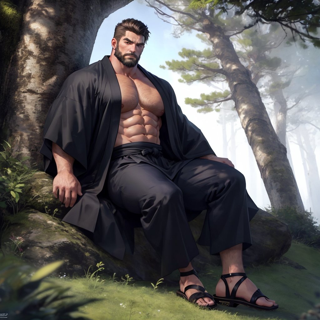 a strong man, black kimono, long coat, sandals, short hair, beard, tough, stocky, fierce eyes, strong chin, and sharp facial contours, (full body shot), Sitting on the grass, under the pine trees, 4k definition, HD resolution, highly detailed, realistic, dynamic action, handsome face beard.,Hyper detailed muscle
