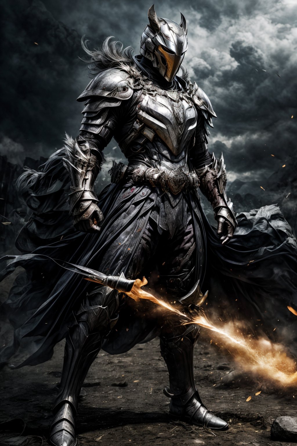 a muscular man, warrior, black thick armor, helmet, large cloak, Steel Gray Exoskeleton, battlefield, fragmentary firelight, full body shot, 4k definition, HD resolution, highly detailed, realistic, dynamic action, handsome face beard.,hdsrmr