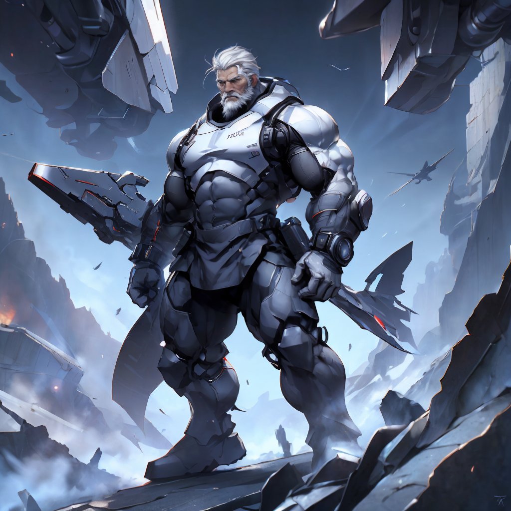  a strong man, white hair, beard, tough, (full body shot), skin-tight garment, armed with technology, sci-fi background, HD resolution, highly detailed, realistic.