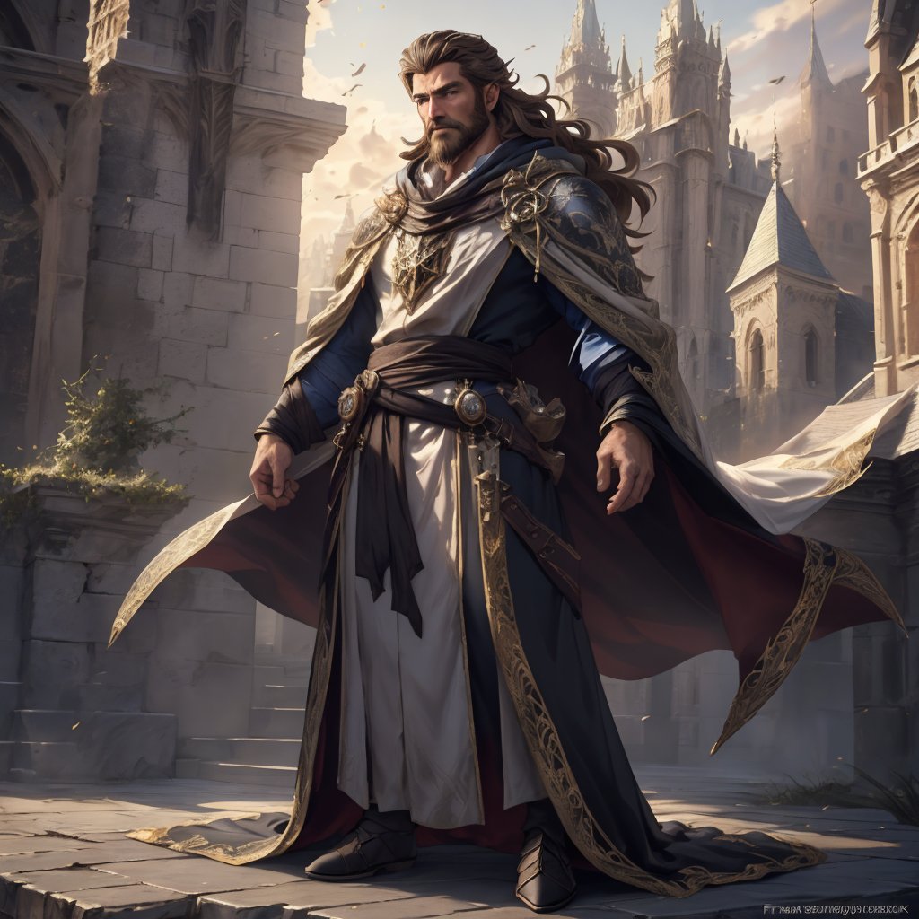 a muscular man, king, gown, drift large cloak, brown long hair, beard, floating in the air, elder, wisecondescending, (full body shot), standing, towering spire castle background, brilliant, glorious, 4k definition, HD resolution, highly detailed, realistic, dynamic action, handsome face beard.,fr4ctal4rmor