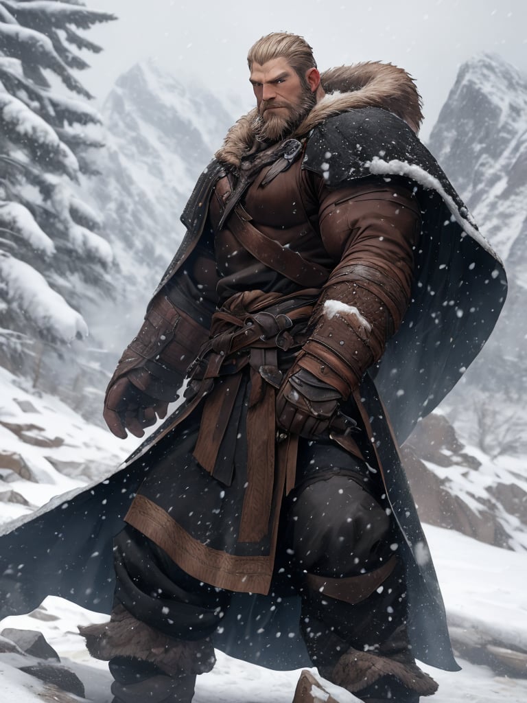 a muscular man, black clothes, flowing large cloak, short hair, beard, strong jaw, standing on the alpine snow, blizzard, strong wind, dynamic pose, action_pose, 4k definition, HD resolution, highly detailed, realistic, dynamic action, handsome face beard.,nijimale,VikingAlpha