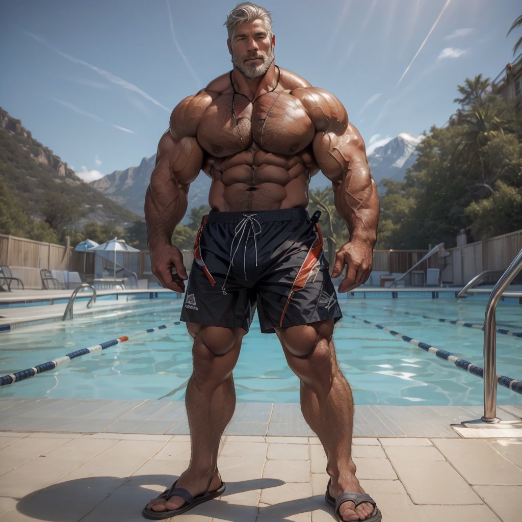  a muscular man, handsome male, white hair and thick beard, rugged features, standing poolside, (full body shot), top of the mountain, HD resolution, highly detailed, realistic, dynamic action.