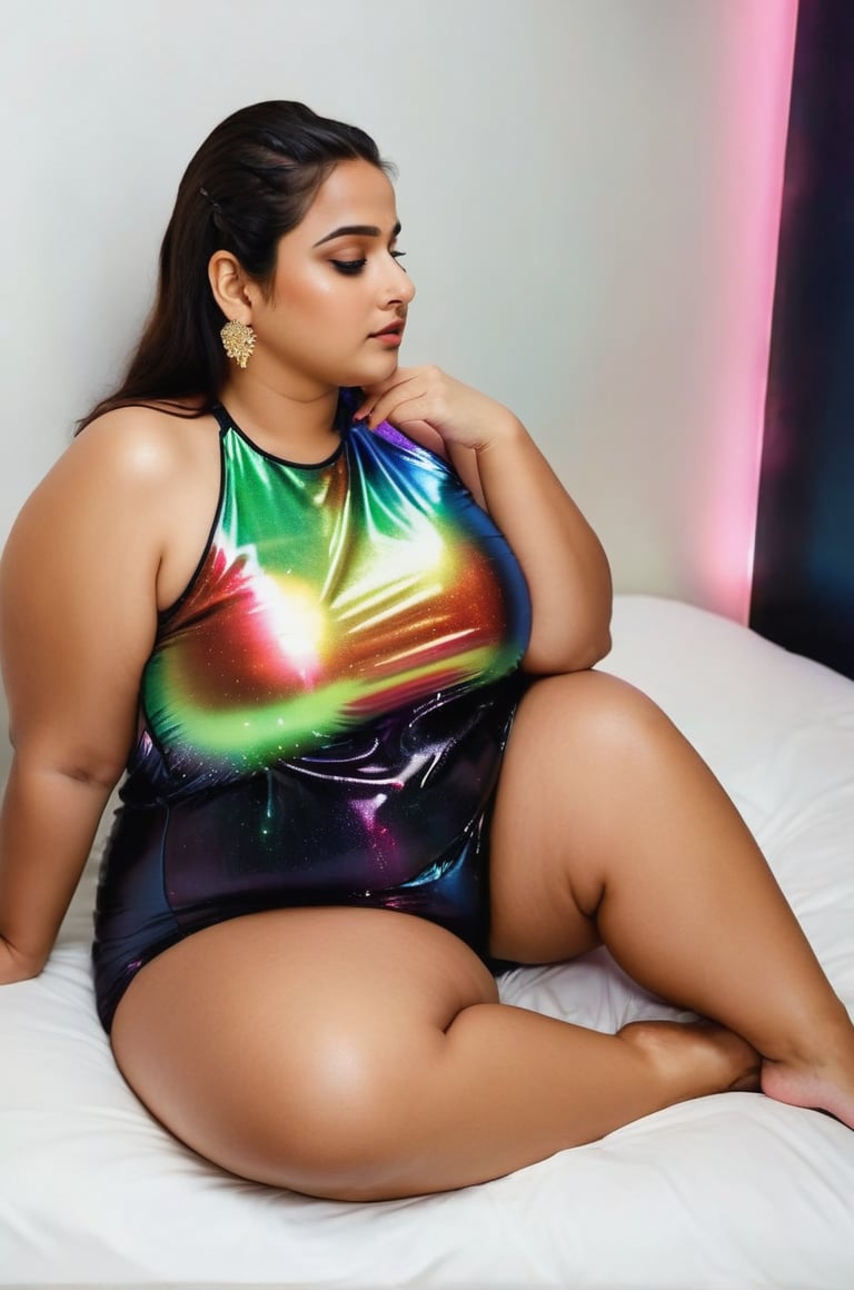 Latex, spendax , lying full body,  curve figure, heavy chubby body view,home ,spread legs,Beautiful chubby young attractive Indian teenage chubby girl morden plus size, big heavy clavage chubby girl 35 years old cute Instagram model , messy bun hair style,black hair, colourful hair, warm , wearing a big heavy clavage top, loose satin sparkle design night pajama , full chubby body view ,soakingwetclothes ,LuminescentCL, nose pin and hair band ,REALISTIC,VidyaBalan, tight cunt shape