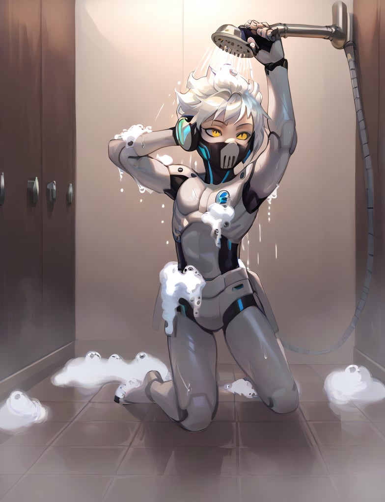 score_9, high quality, best quality, 
Ortho_Shroud,yellow eyes,mechanial parts, mechanical body,robot boy, solo, 
shower, bathhouse, soap on floor, soap, bubbles, 