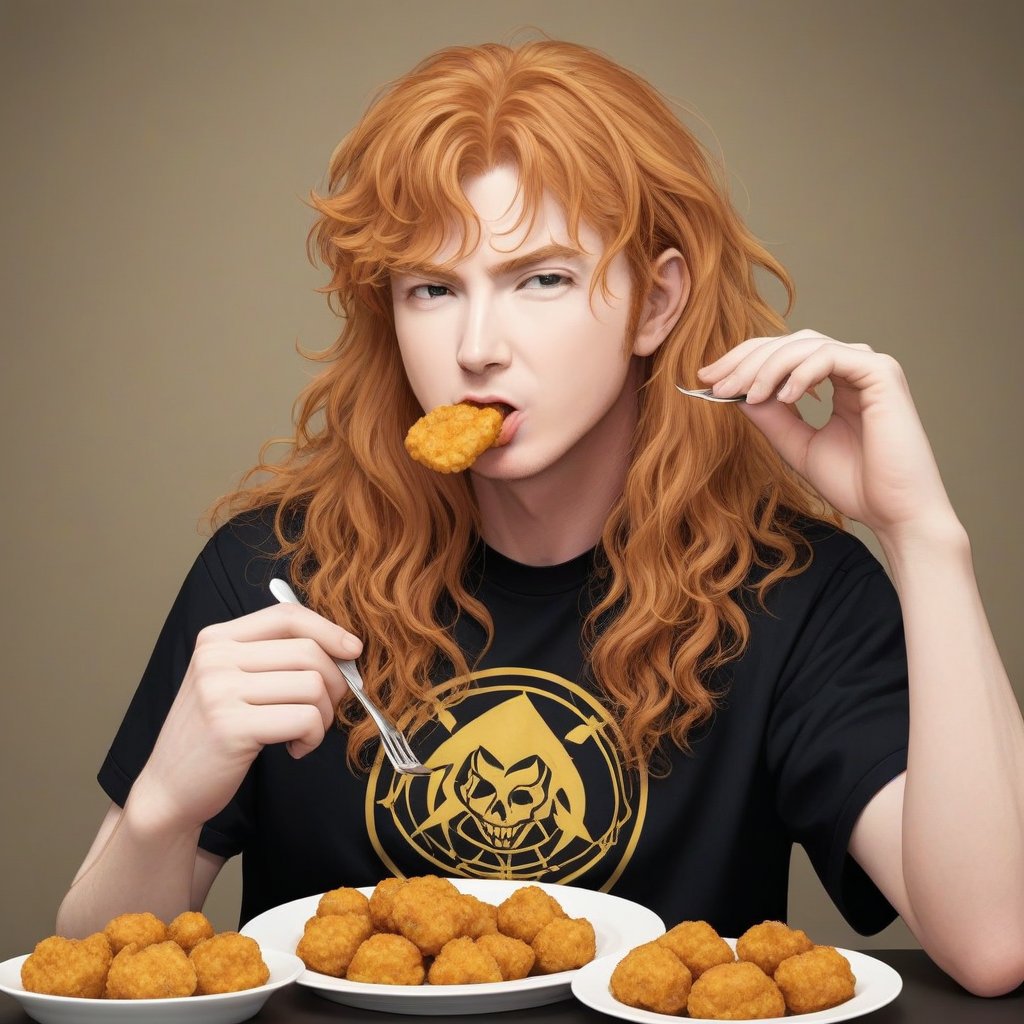 dave_mustaine, red hair, curly hair, young man, solo male
dave_mustaine eats nuggets, nuggets, liquid ketchup
anime style, anime art