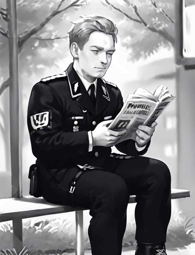 schtirlitz, military uniform, monochrome, score_9,
man sitting on power poles and reading newspaper,
journal, newspaper
